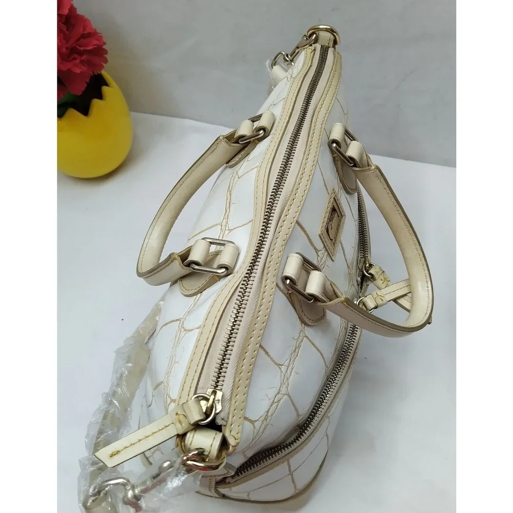 Dooney & Bourke Off White Leather Crocodile Embossed Top Handle Satchel Bag
